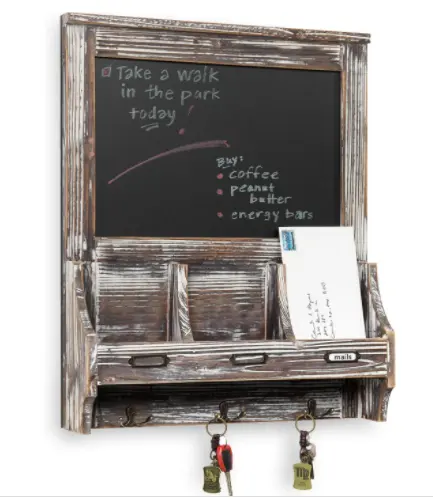Rustic Torched Wood Mail and Key Holder for Wall Organizer Rack with Label Holder, 3 Hooks and Chalkboard