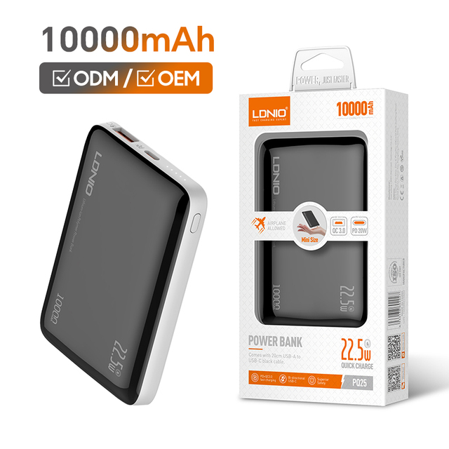 PQ25 OEM/ODM Custom 10000mAh Powerbanks With Digital Display  USB Type C Output 22.5W Portable Power Bank 10000mAh Power Station