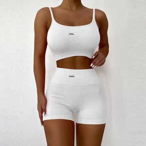 Mùa Hè Gân Crop Tank Top Cao Eo Biker Quần Short 2 Mảnh Trang Phục Của Phụ Nữ Dệt Kim Spaghetti Dây Đeo Thể Thao Vest Quần Short Thiết Lập - Product Image 5