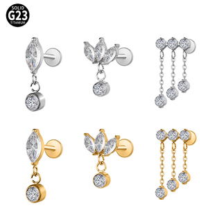 Boucle <span class=keywords><strong>d</strong></span>'<span class=keywords><strong>Oreille</strong></span> Pendante en Titane Plaqué Or avec Cz Trendy Floating Dangle Tragus Helix Cartilage Stud Internally Threaded Ear Piercing - Product Image 1
