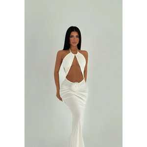 Robe de soirée trapèze blanche de luxe avec détails pailletés au dos, col sans bretelles, nœud, longue, pour fêtes, disponible du XS au XL, broderie florale 3D - Product Image 4