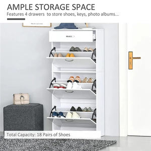 Meuble de rangement pour chaussures autoportant à 3 niveaux, design moderne, porte basculante, bois blanc, gain de place, avec tiroir - Product Image 3