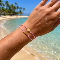 Gelang Pesona Hati Go2boho Benang Poliester Kepang Merah Muda dengan Manik-Manik Paduan Seng Berlapis Emas Perhiasan Hadiah Lucu