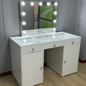 Coiffeuse moderne en MDF avec tiroirs et armoires Miroir lumineux tricolore équipé Bluetooth pour chambre à coucher - Product Image 1