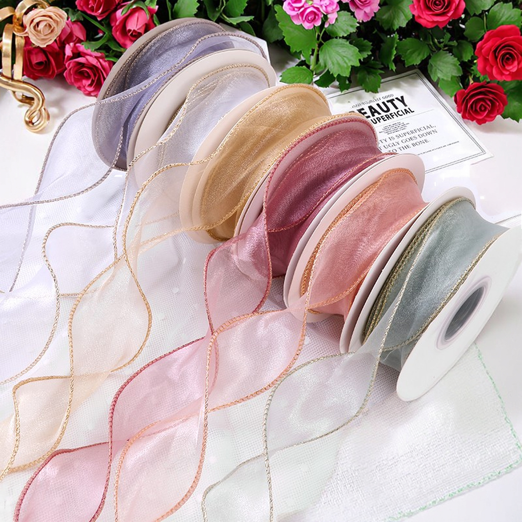 4 Cm*10 Yards Floral Multi-Color Pearl Yarn Ribbon Mermaid Lace Ribbon Flower Cake Packaging Snow Gauze Yarn Made Polyester