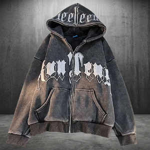 Sudadera con capucha personalizable estilo europeo-americano, lavado ácido, estilo oscuro, estampado de letras, forro suelto, hip-hop, 100% algodón - Product Image 3