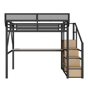 Metal Loft <b>Bed</b> with Desk and <b>Storage</b> Shelves Heavy Duty Freestanding Epoxy Coated <b>Black</b> Frame 4 Tier Grid Shelving Unit - Product Image 4