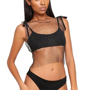 Top en résille scintillant avec strass pour femme, sans manches, style T-shirt, tendance - Product Image 2