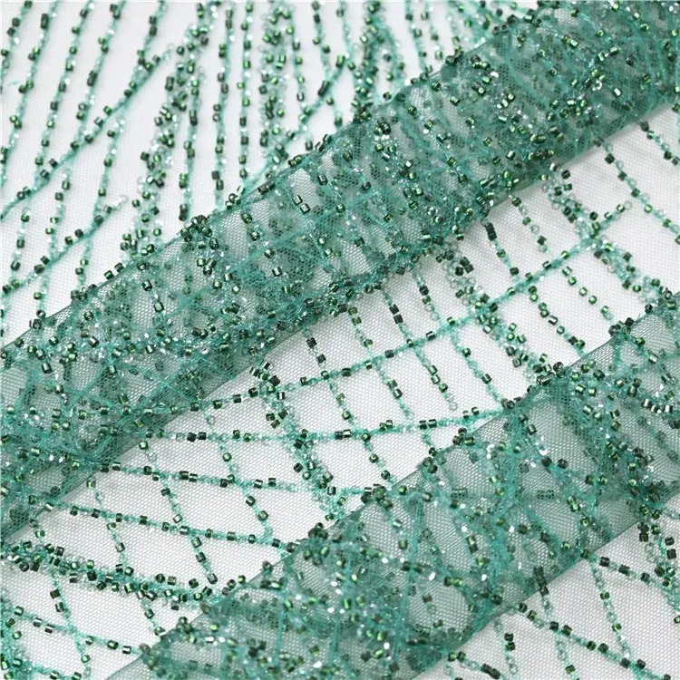 OEM custom dark green embroidery french lace beaded lace fabric for evening dress