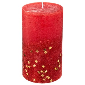Bougie cylindrique rouge avec étoiles dorées et paillettes 7x12cm - Product Image 1