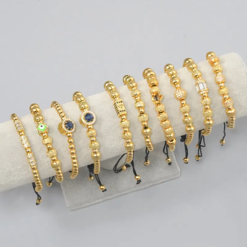 Crown Bangle Set String Braided Macrame Bracelet Gold Copper Rope Carving Mens CZ Beaded Adjustable Black Brass Trendy Zircon