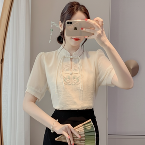 Camicetta in Chiffon damascato in stile occidentale da donna con ricamo estivo a manica corta a collo alto con fibbia - Product Image 1