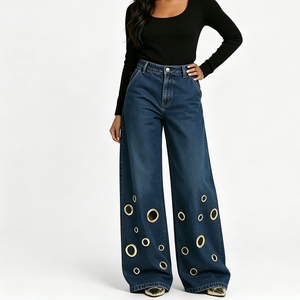 Jeans da <span class=keywords><strong>Donna</strong></span> a Gamba Larga con Occhielli Metallici, Chiusura a <span class=keywords><strong>Bottoni</strong></span>, Taglio Dritto, Non Elasticizzati, Stile Americano Casual, Lavati, Sehe Fashion - Product Image 5