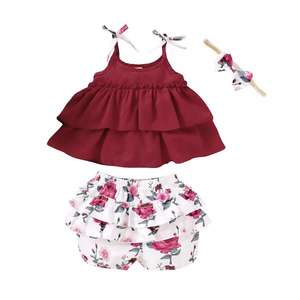 Children Wear Layers of Ruffle Suspender Top Floral Printed Shorts Polyester Toddler Girl Clothes - Product Image 5