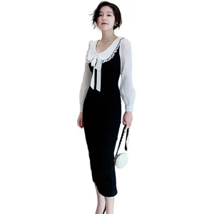 Women ladies korean Elegant retro sweet doll collar lace trim bow long sleeve waist pencil slim office One-piece dress