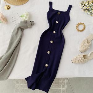 Robe d'été élégante en maille pour <span class=keywords><strong>femme</strong></span>, coupe ajustée, magnifique col carré, sans manches, décontractée, chemises pour femmes en gros - Product Image 6