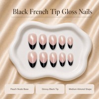 Y149 Kaixin Faux ongles à presser, French Manucure noire, forme Amande courte, finition brillante, pour nail art