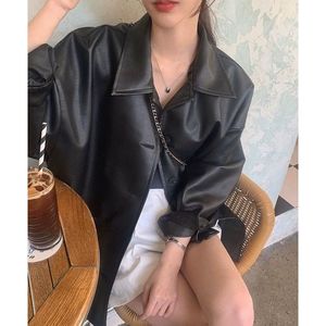 Women's Black Pu Leather Jacket 2025 New Style Hong Kong Design American Retro Fit For Petite Figures - Product Image 2