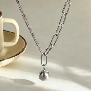 Collier pour femme, plaqué or 18 carats, acier inoxydable, style rond, chaîne en forme de trombone, chaîne à billes, pendentif, bijoux, design moderne - Product Image 6