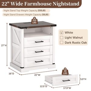 SENYU Modern Farmhouse Wooden Bedroom <b>Storage</b> Cabinet <b>Side</b> <b>Table</b> Hidden <b>Storage</b> Compartments LED Lighting Charging - Product Image 1