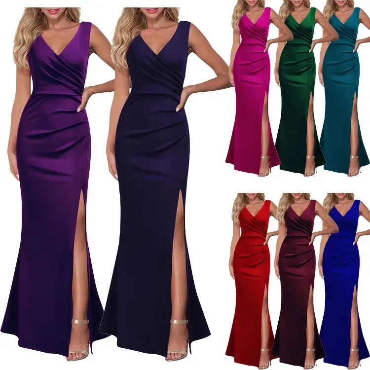 Hot Selling high-slit bodycon sexy v neck cocktail asymmetrical backless dress evening gown for prom