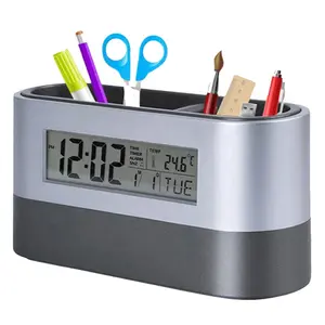 Electronic Digital Pen Holder Tools Name Card Container Alarm Clock Office Desktop Storage Calendar Temperature Display Timer