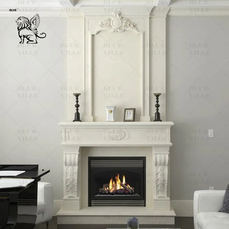 BLVE Lareira de luxo dupla decorativa para casa estilo francês, lareira de pedra de mármore, ambiente surround