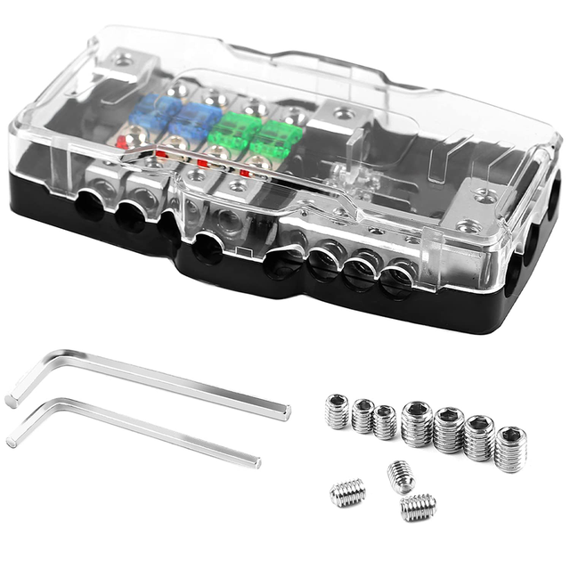 Fused Power Distribution Block Car Audio 4 Way MIDI(Mini-ANL) Fuse Block 12V 0/4 Gauge With Ground for Auto UTV Boat Stereo Amp