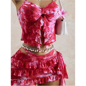 Conjunto de bikini de 3 piezas con estampado Tie Dye y falda con volantes para mujer de FOXA, en spandex elástico y poliéster. - Product Image 2