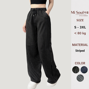 Korean Style Women Velvet Bow <b>Lace</b> Painted <b>Elastic</b> Waist Striped Wide Leg Breathable Casual Summer Streetwear Pants OEM Custom - Product Image 1