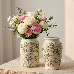 Vases en céramique vintage de style campagnard français, vert sauge, à motifs floraux, pots à fleurs rustiques en <span class=keywords><strong>porcelaine</strong></span> émaillée pour la décoration de table et de la maison, vente en gros - Product Image 1
