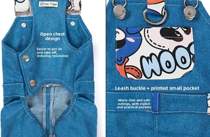 可愛いデニム製ペット用オーバーオール、調節可能なストラップと漫画柄のポケット付き、犬猫用卸売 - Product Image 6