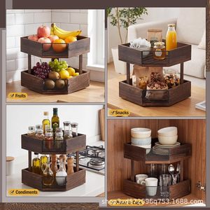 Cross-border bamboo double-layer spice bottle storage rack, solid wood corner <b>vegetable</b> drain rack, wooden multi-purpose - Product Image 1