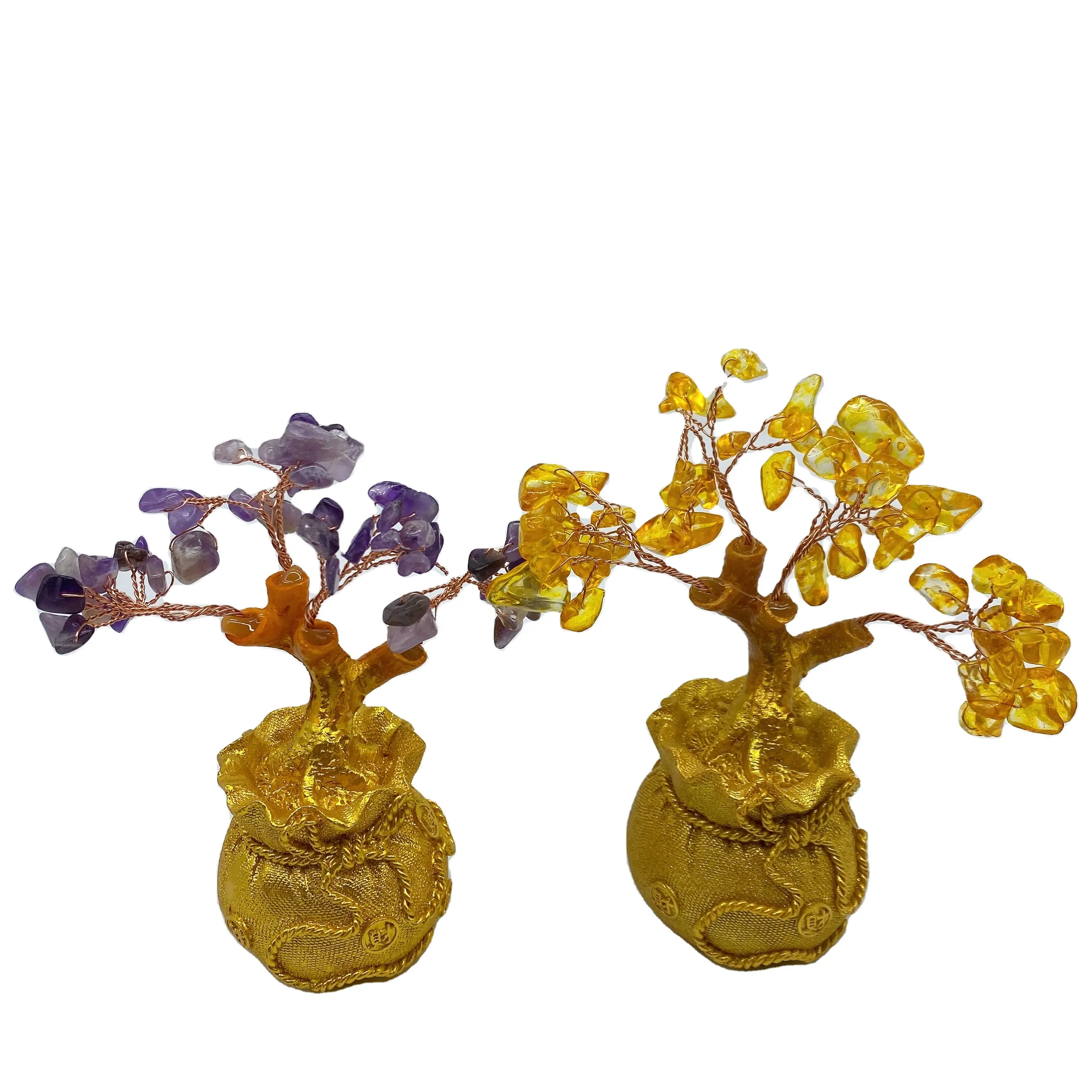 미니 자연 풍수 장식 식물 꽃 인공 나무 노란색 크리스탈 돈 나무