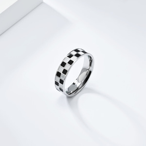 Fashion <b>Rings</b> <b>Black</b> White Checkered <b>Titanium</b> Steel Women's Square Geometric Design Gift Jewelry - Product Image 2