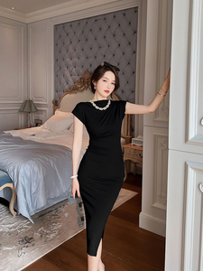 Nuevo Vestido Elegante al por Mayor <span class=keywords><strong>de</strong></span> Color Liso con Manga Corta, Abertura Lateral y Pliegues, Casual <span class=keywords><strong>de</strong></span> Longitud Media para Mujer - Vestido Formal Sexy - Product Image 2