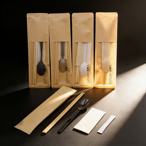 Set di posate usa e getta per asporto, confezionate singolarmente, forchetta, coltello, cucchiaio, bacchette in bambù, scatola con finestra, personalizzabile - Product Image 1