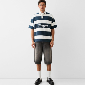 Camiseta de Manga Corta para Hombre con Logotipo Personalizado, Impresión de Rayas de Alta Calidad, 250 g/m², Cuello con Botones, Polo Oversize - Product Image 4