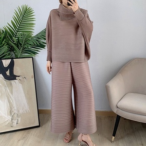 Conjunto de 2 Piezas para Mujer, Blusa con Cuello y Pantalones Anchos Plisados, Corte Holgado, Tallas Grandes, Moda Otoño - Product Image 3