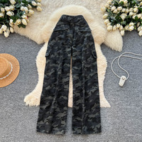 Pantalon cargo camouflage taille haute pour femme, coupe droite ample, jambe large, style décontracté rétro pour le printemps et l'été