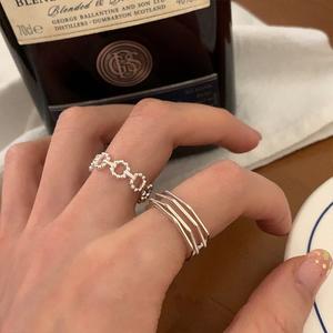Bague en argent pur S925, version coréenne, ligne irrégulière creuse, cercle incrusté, pour femme, superposée, douce, cool, niche, pour l'index - Product Image 1