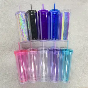 Изолированная двойная прозрачная акриловая пластиковая Лазерная голографическая прозрачная пластиковая чашка для питья с крышками и соломинкой, 16 унций, 19 унций, 20 унций