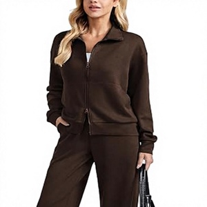 Ensemble pull zippé en maille marron pour femme avec poches, col rond, luxe décontracté, couleur unie, coupe ample, léger, toutes saisons - Product Image 1