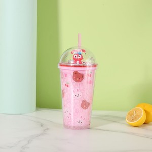 Kawaii 450ml Strawberry Bunny Bear Cartoon <b>Plastic</b> <b>Straw</b> Tumbler with Silver Glitter Dome Lid Double Wall Clear Icy Cup for Girl - Product Image 3
