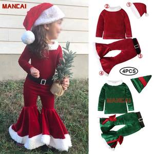 Ensemble <span class=keywords><strong>pull</strong></span>-<span class=keywords><strong>over</strong></span> en velours évasé vert <span class=keywords><strong>rouge</strong></span> en peluche pour filles et garçons, pantalon, chapeaux, ceinture, costume de Noël, costume de père noël - Product Image 1