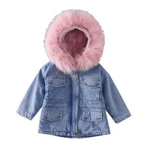 Di Vendita caldo Del Bambino Della Ragazza di Inverno Caldo Giacca di Jeans Più di Velluto Pelliccia Per Bambini Con Cappuccio Della Tuta Sportiva Del Cappotto