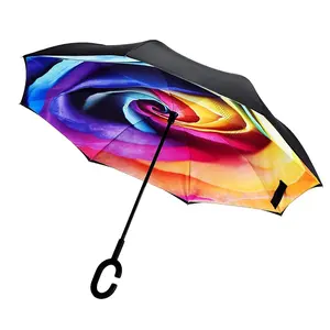 Payung iklan tahan angin lapisan ganda, payung tanpa titik terbalik dengan pegangan C, payung mobil otomatis terbuka