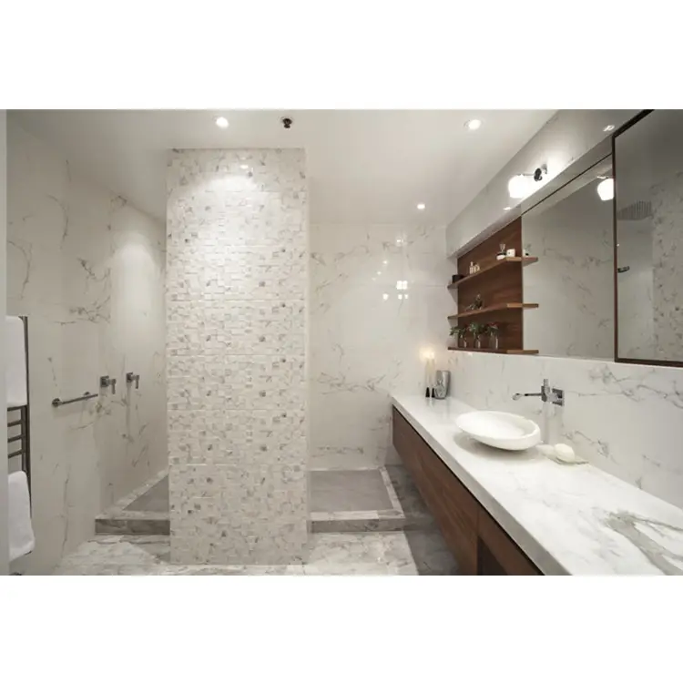 더블 싱크 대리석 수조 욕실 인테리어와 현대 전체 욕실