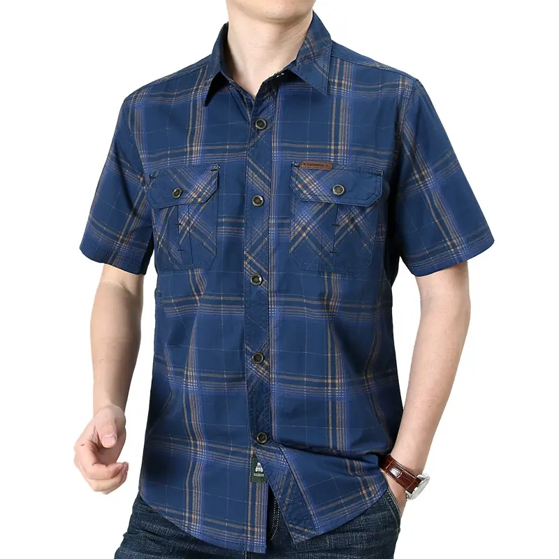 Summer men's short-sleeved shirts pure cotton plaid middle-aged and elderly half-sleeved casual shirt business all-match men's