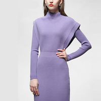 Nouvelle arrivée du printemps, robe en deux pièces en tricot formelle pour femmes, style A-ligne, mi-longue, avec manches longues et col montant